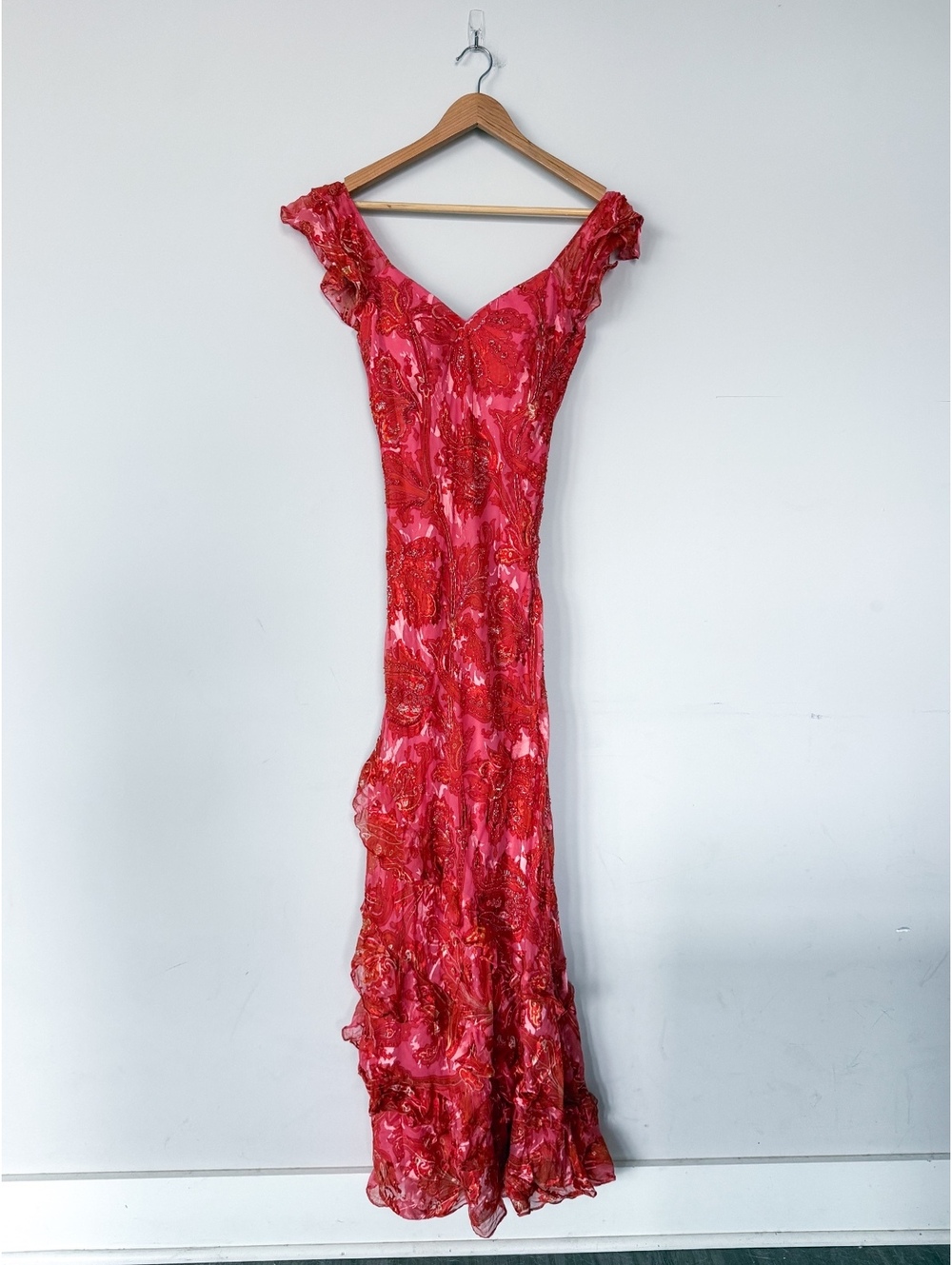 100% Silk Beaded Vintage Y2K European Floral Ruffled Maxi Pink and Orange Dress